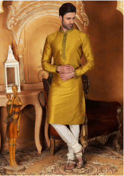 White with Golden Color Silk Kurta Set